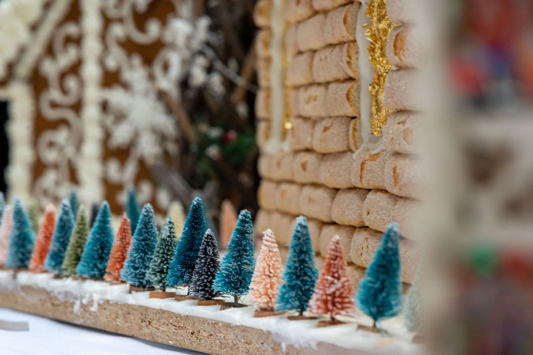 A line of miniature blue and pink Christmas trees in front of a gingerbread house.