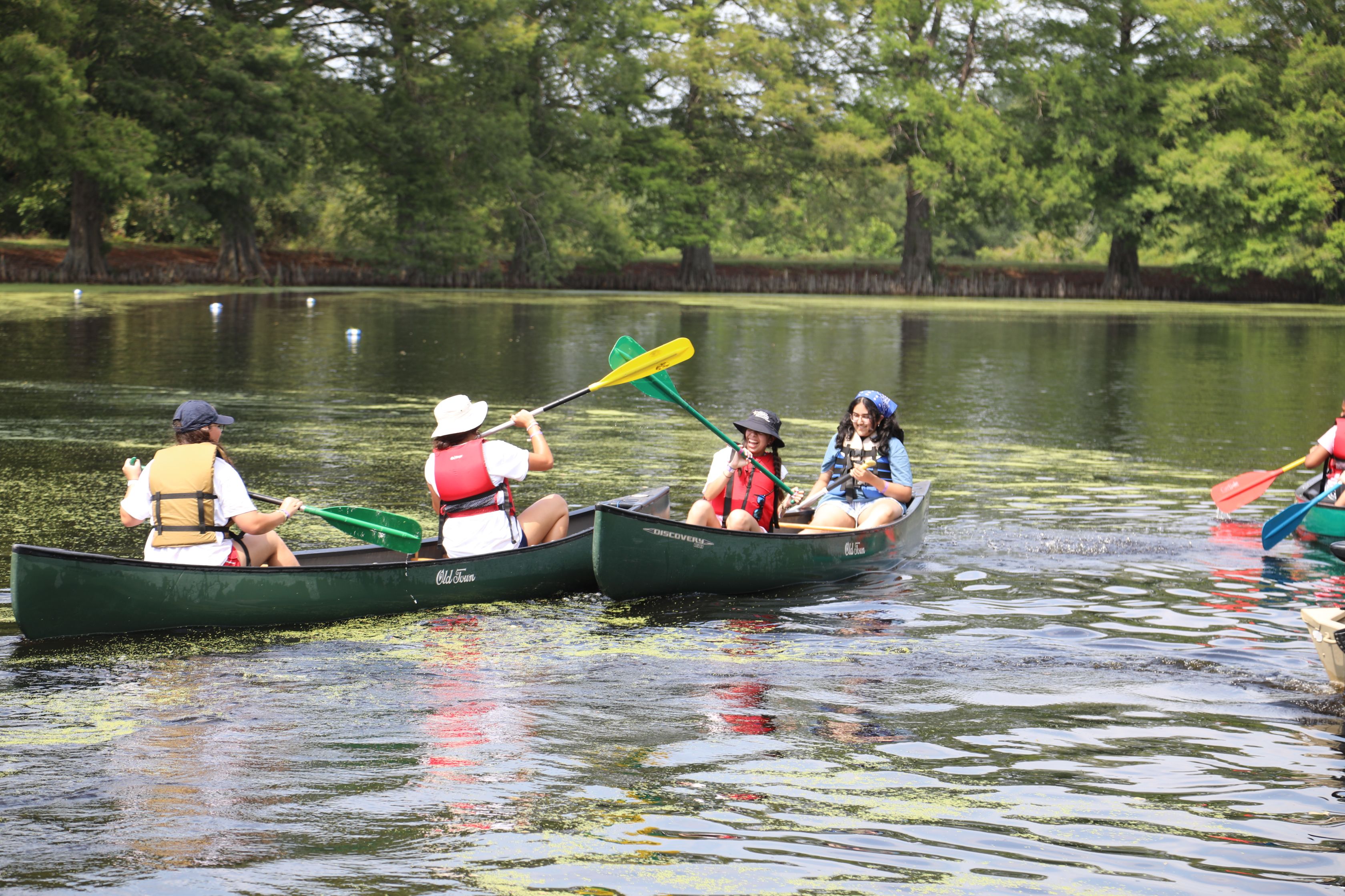 Two canoes with two people in each canoe in a lake. One person in the front of each canoe are holding their paddles in the air.